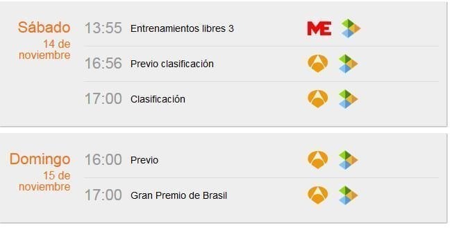 Horarios F1 GP Brasil 2015 en Antena 3